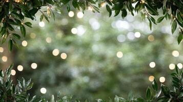 Lush green leaves frame soft bokeh background with warm glowing lights, creating serene photo