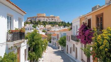 picturesque view of Acropolis of Athens, surrounded by charming white buildings and vibrant photo