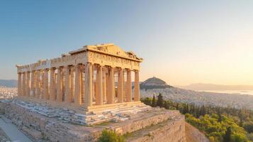 Acropolis of Athens showcases ancient architecture against stunning sunset backdrop photo