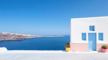 stunning view of colorful architecture Santorini, featuring whitewashed buildings and serene sea photo