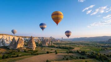 Breathtaking hot air balloons soar over Cappadocia unique rock formations at sunset photo