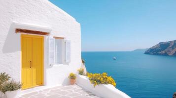 stunning view of whitewashed building with bright yellow door, overlooking serene blue sea photo