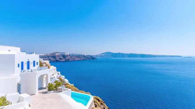 Breathtaking view of Santorini whitewashed buildings overlooking serene blue sea photo