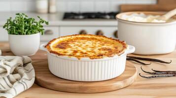 Creamy dessert in white dish, baked to perfection, surrounded by kitchen elements photo