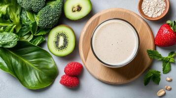 healthy smoothie surrounded by fresh fruits and greens, showcasing vibrant colors and textures photo