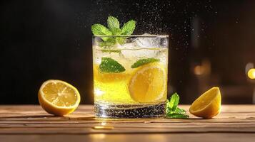 Refreshing lemonade with mint and lemon slices, sparkling bubbles create vibrant atmosphere photo