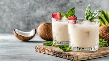 Refreshing coconut water cocktails with mint and strawberries, perfect for summer vibes photo