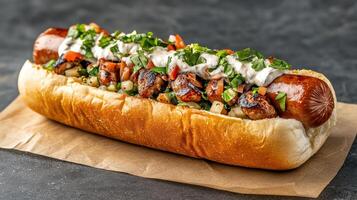 Juicy hotdog topped with grilled sausage, fresh vegetables, and creamy sauce photo