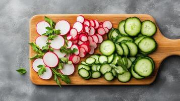Freshly sliced vegetables on wooden cutting board, showcasing vibrant radishes and cucumbers photo