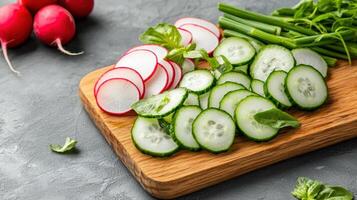Freshly sliced cucumbers and radishes on wooden cutting board create vibrant, healthy display photo