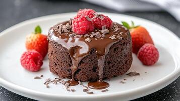 Decadent chocolate lava cake topped with fresh raspberries and strawberries photo
