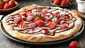 Delicious dessert pizza topped with Nutella, fresh strawberries, and powdered sugar photo