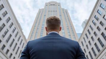 determined entrepreneur gazes up at towering building, embodying ambition and focus photo