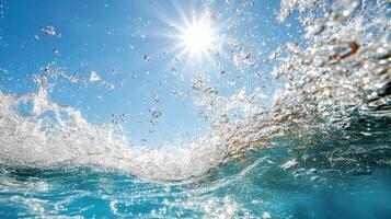 Bright sunlight glimmers on surface of water, creating stunning display of splashes and bubbles photo