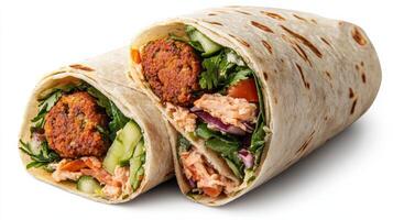 Delicious falafel wrap filled with fresh vegetables and savory ingredients photo