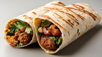 Delicious falafel wrap filled with fresh vegetables and herbs, showcasing vibrant colors and photo