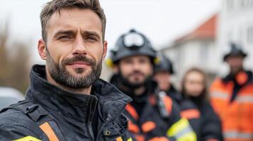 Confident firefighter leading team during rescue operation, showcasing bravery and teamwork photo
