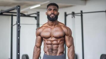 fitness enthusiast showcasing impressive muscle definition gym setting, exuding determination photo