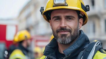 Resilient firefighter smiling confidently, showcasing dedication and teamwork emergency response photo