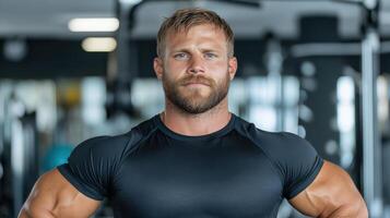 Strong fitness enthusiast with determined expression gym setting, showcasing muscular physique photo