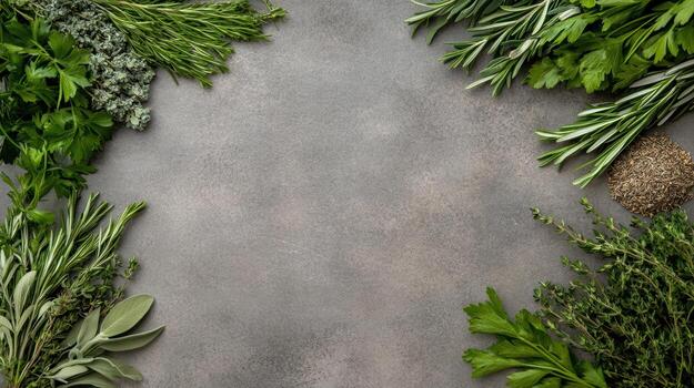 Fresco hierbas arreglado hermosamente en gris superficie crear vibrante y atractivo atmósfera foto