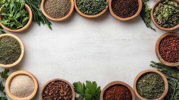 Fresh herbs and dried spices arranged in bowls create vibrant culinary display photo