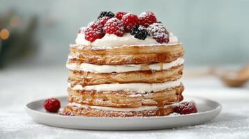 Fluffy pancakes stacked high with whipped cream and fresh berries create delightful breakfast photo