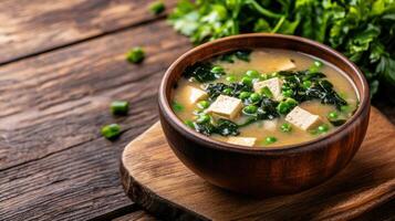 delicious bowl of miso soup with tofu, seaweed, and green peas, perfect for comforting meal photo