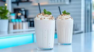 Creamy milkshakes topped with whipped cream and mint, served in tall glasses photo