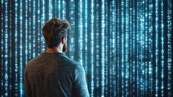 person gazing at digital display of binary code, immersed in futuristic atmosphere photo