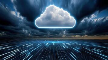 futuristic representation of cloud computing with dynamic light streaks and dramatic clouds photo