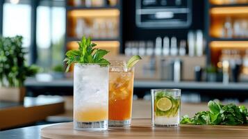 Refreshing cocktails with mint and lime on wooden table in modern bar setting photo