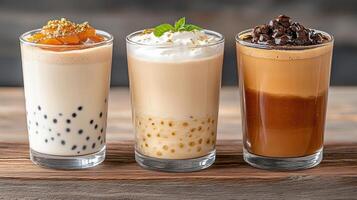 Delightful bubble tea trio featuring creamy textures and vibrant toppings, perfect for photo