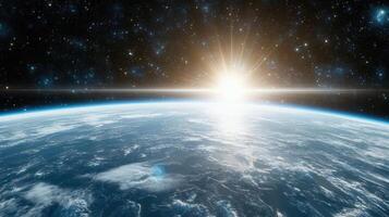 breathtaking view of Earth from space, showcasing sun rising over horizon, illuminating photo