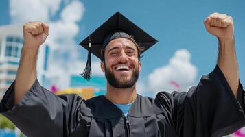 Excited graduate celebrating with raised fists, wearing cap and gown against bright sky photo