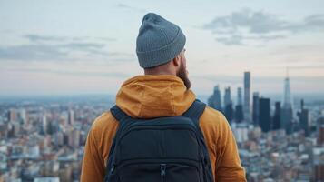 person wearing beanie and hoodie gazes at city skyline, reflecting on life photo