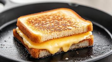 delicious grilled cheese sandwich with melted cheese, perfectly toasted, sits in skillet photo