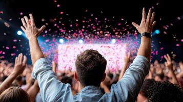 Celebration atmosphere with hands raised in excitement, colorful confetti falling photo