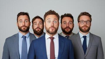 group of men in suits displaying various expressions, showcasing camaraderie and surprise photo