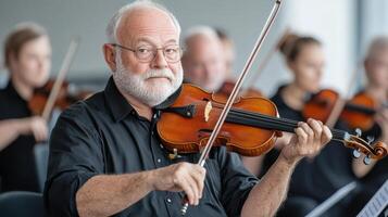 skilled musician playing violin in group setting, showcasing passion and harmony photo