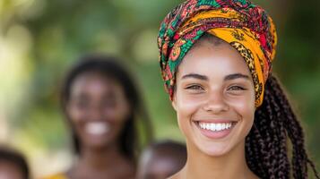 Bright smile cultural attire outdoor setting joyful expression group of friends photo