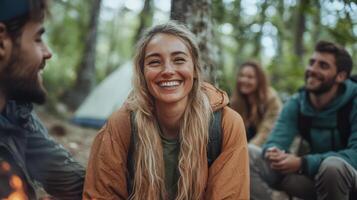 group of travelers enjoying campfire, sharing laughter and stories in nature photo