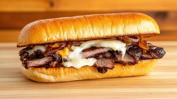 hearty brisket sandwich with layers of smoked meat, melted cheese, and savory sauce photo