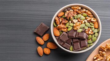 Healthy trail mix bowl with nuts, seeds, and dark chocolate pieces for nutritious snack photo