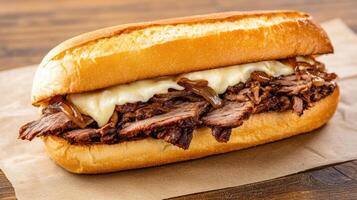 hearty brisket sandwich filled with tender smoked meat and melted cheese, perfect for satisfying photo