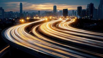 stunning view of modern cityscape twilight, showcasing vibrant light trails from moving vehicles photo