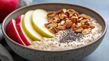 Creamy oatmeal topped with fresh apple slices, nuts, and chia seeds for nutritious breakfast photo