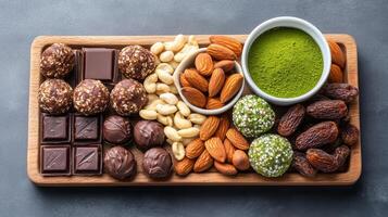Delicious snack board featuring nuts, chocolate, and matcha treats for healthy indulgence photo