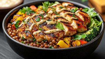 vibrant and nutritious meal featuring grilled chicken, sprouted lentils, and colorful vegetables photo