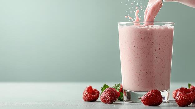 refreshing smoothie with raspberries splashing into glass, creating vibrant scene photo